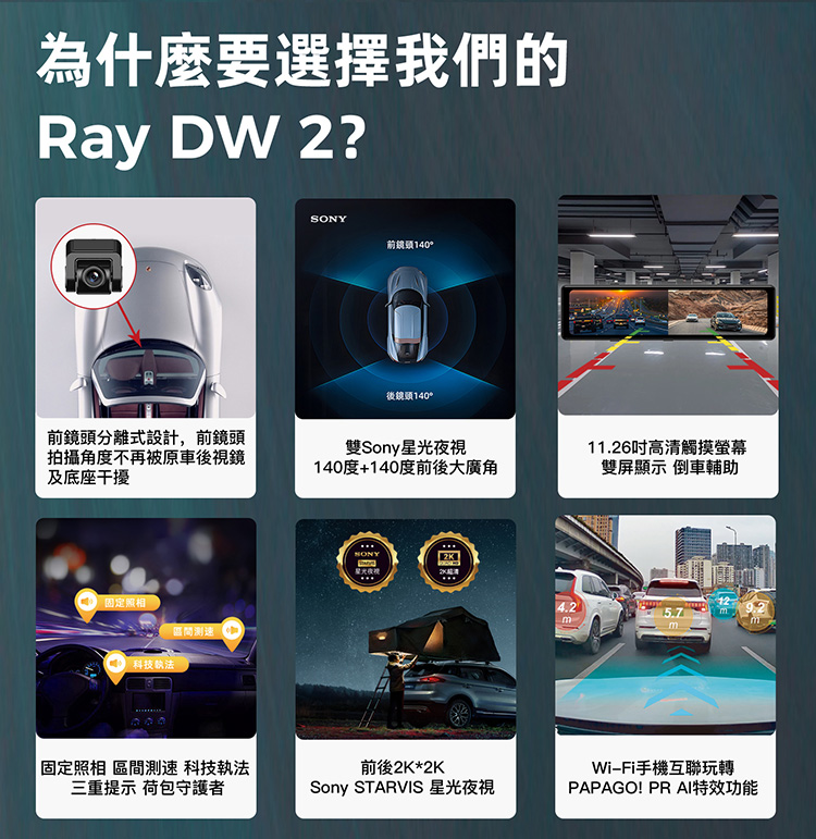 PAPAGO Ray DW2 前後Sony 2K+2K星光夜視