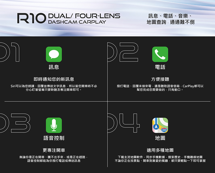 R10 雙鏡頭/ 四鏡頭 10.36吋行車紀錄器 可攜式CarPlay
